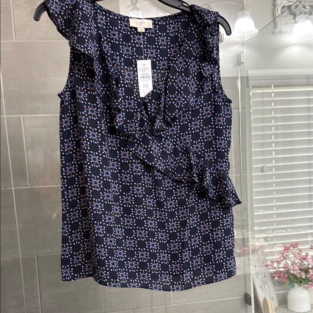 LOFT Blue and White Ruffled Asymmetrical Blouse